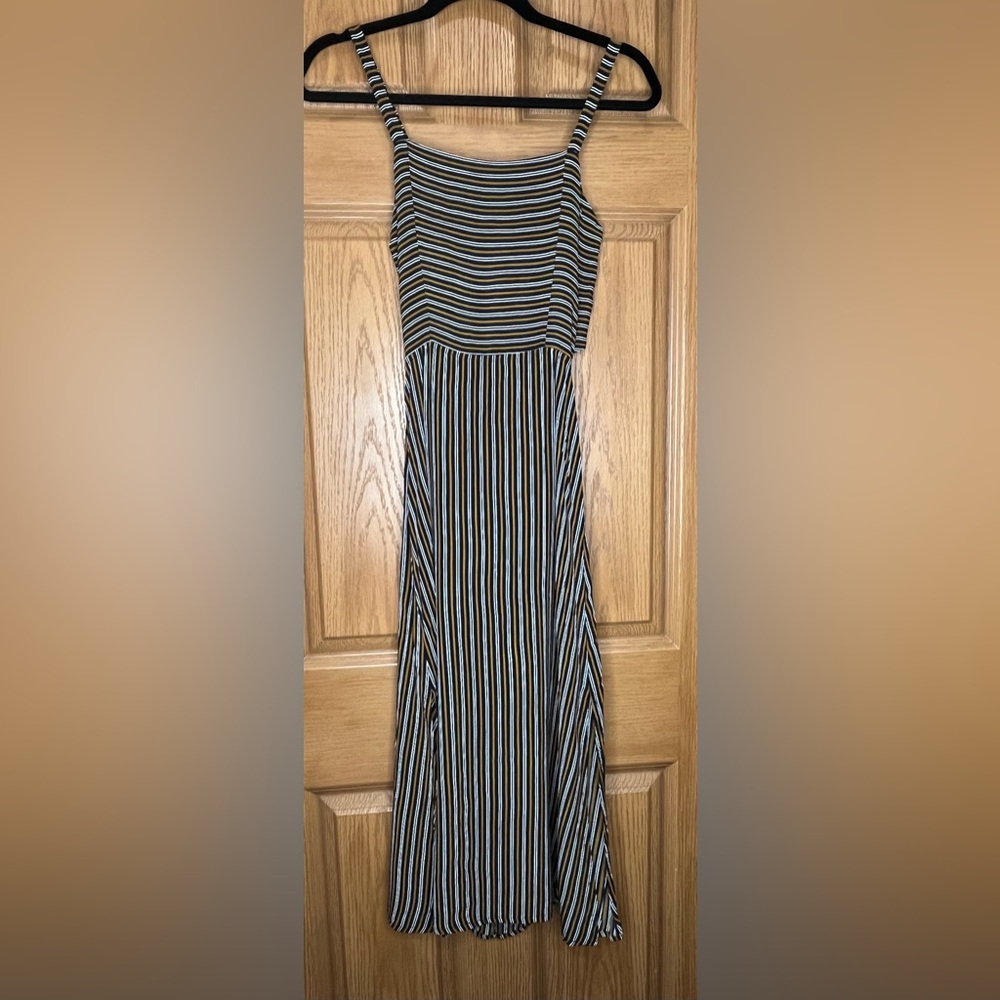 Faithfull the Brand Black, Tan and White Striped Tie-Back Midi Dress